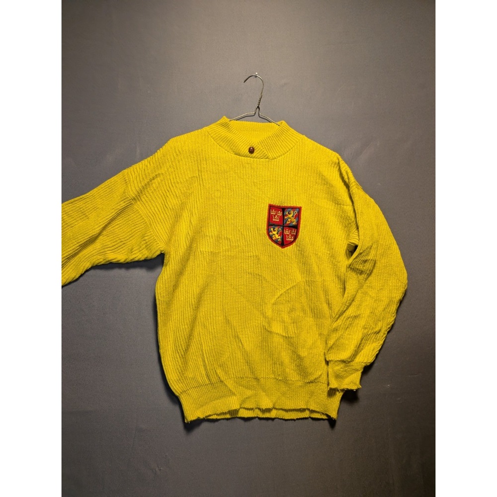 Vintage Jessica Ltd Sweater Mens Large Yellow Crest Knit Retro 90s Academic